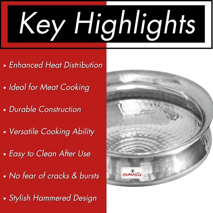 Evmastu Tamra Biryani Handi-3.7 LTR| Chicken Mutton Rice Fish Curry Cooking Utensil | 3.5MM Thick, Heavy Bottom Aluminium Cookware | Hammered Polished Lagan - Image 2